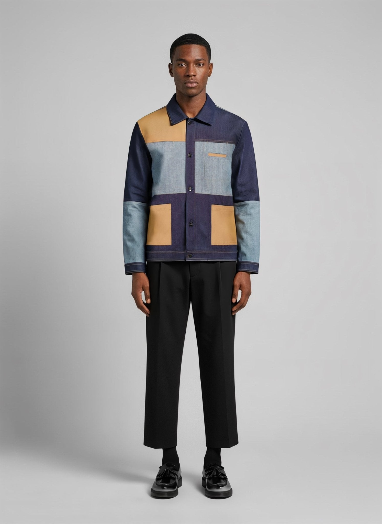 Giacca worker in denim e gabardine blu uomo, Lebrun Paris, Made in France