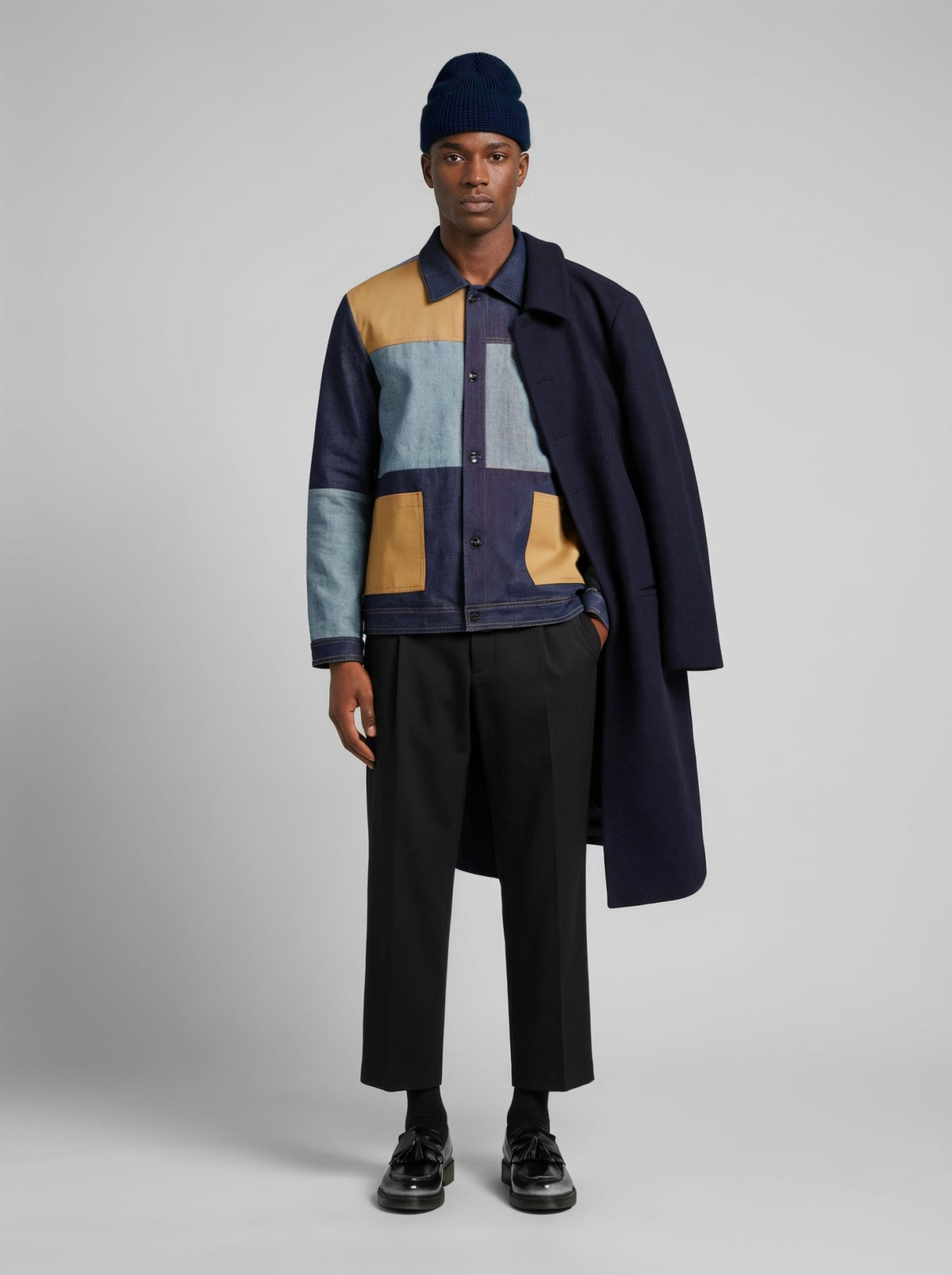 メンズブルーデニム&ギャバジンワーカージャケット、Lebrun Paris、Made in France