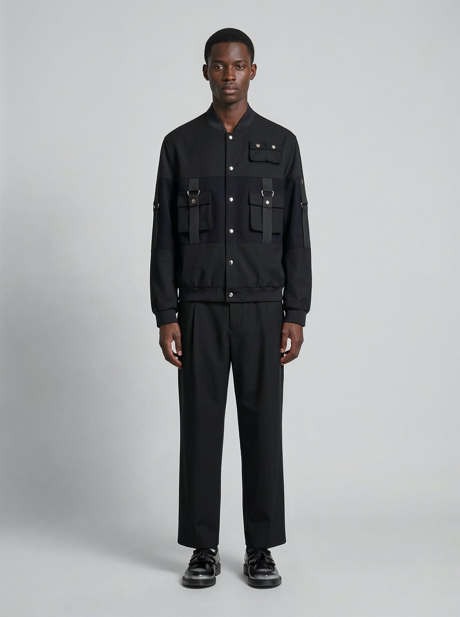 Bomber in lana e cashmere nero e blu uomo, Lebrun Paris, Made in France
