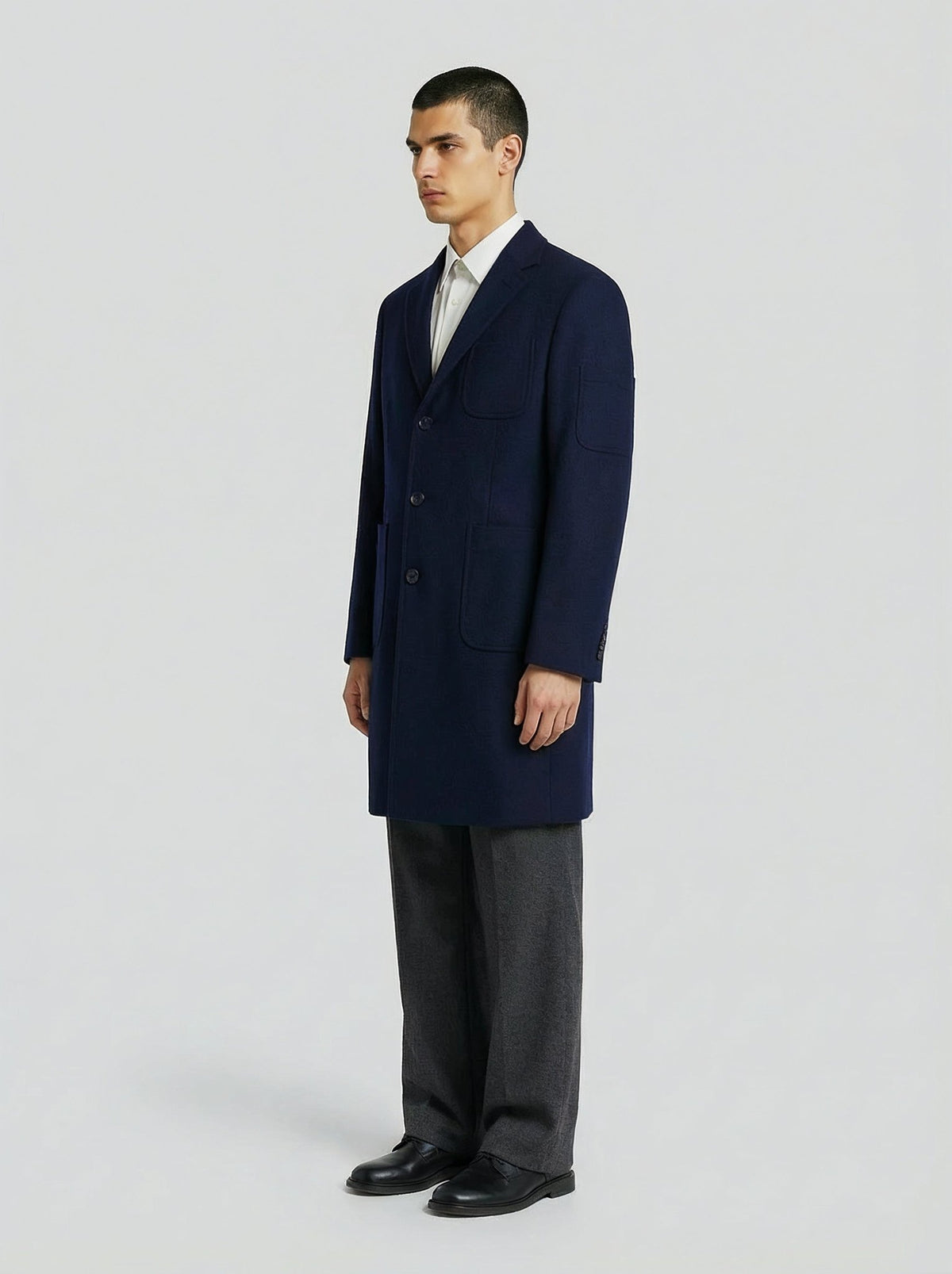 남성용 블루 울 캐시미어 코트, Lebrun Paris, Made in France