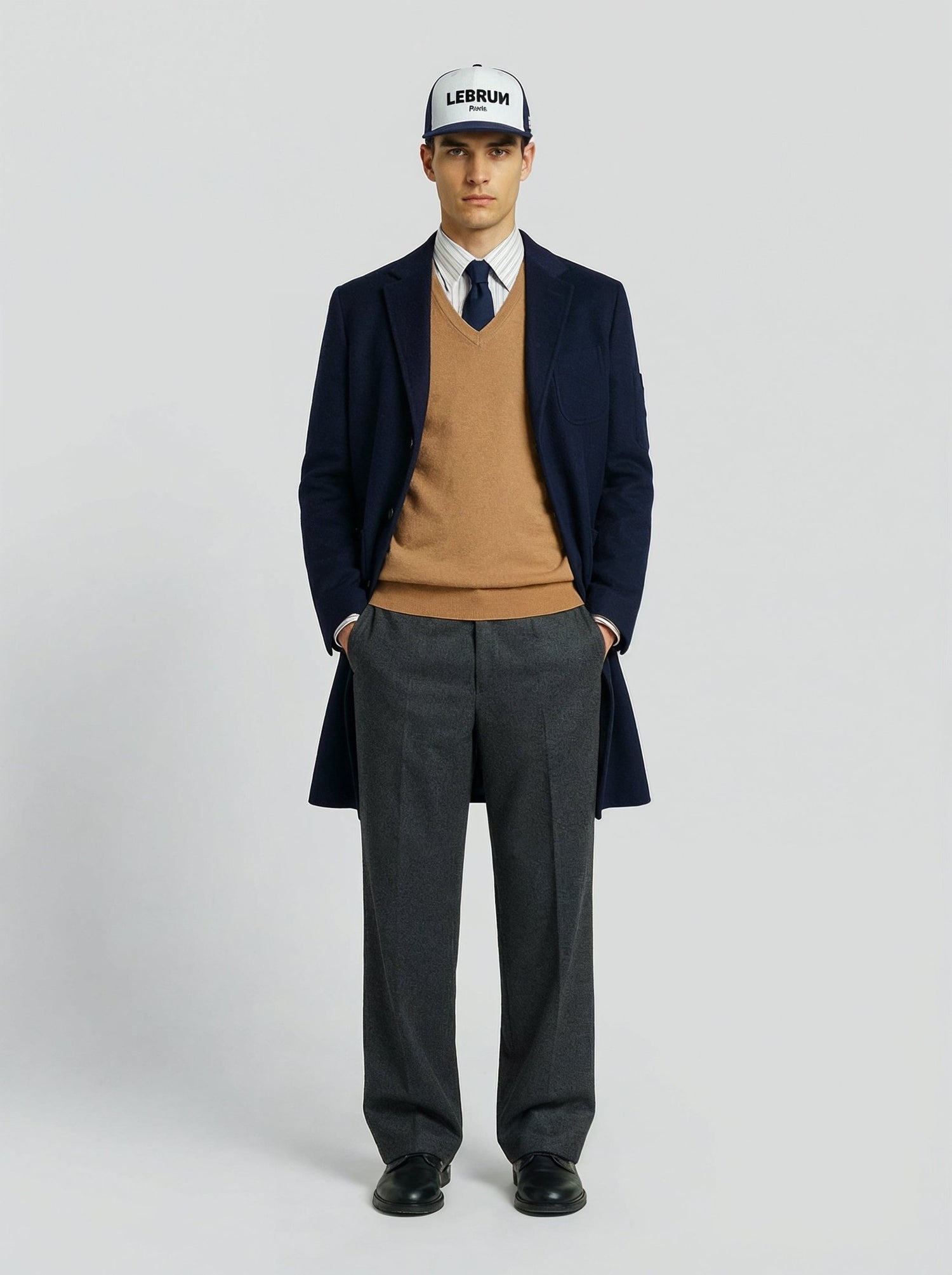 Cappotto in lana e cashmere blu uomo, Lebrun Paris, Made in France