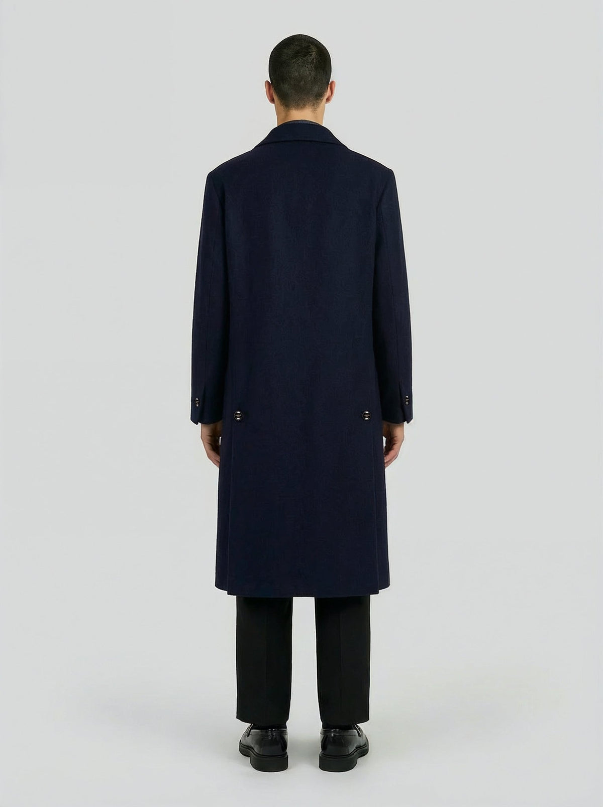남성용 블루 울 미니멀 롱코트, Lebrun Paris, Made in France
