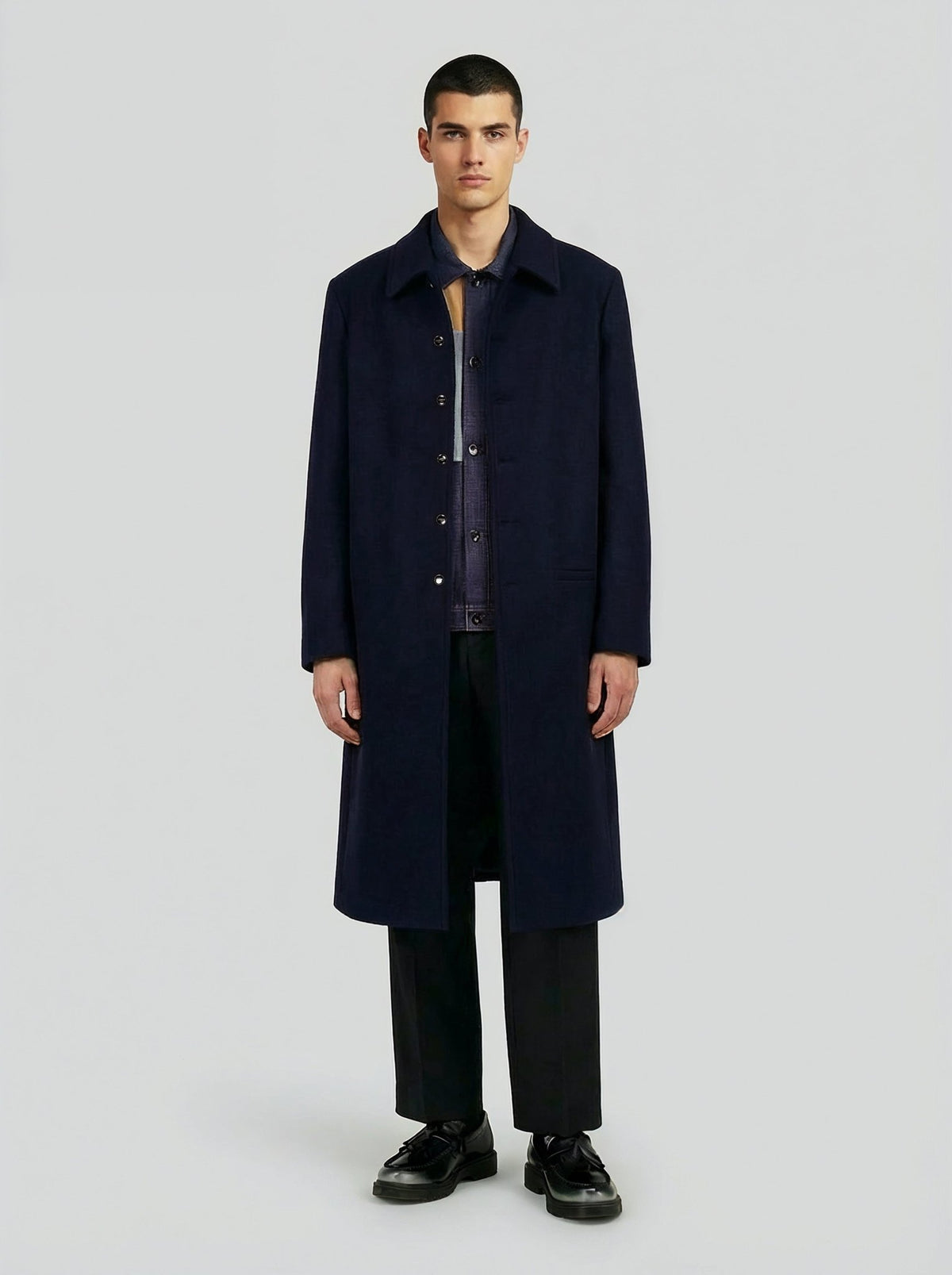 남성용 블루 울 미니멀 롱코트, Lebrun Paris, Made in France