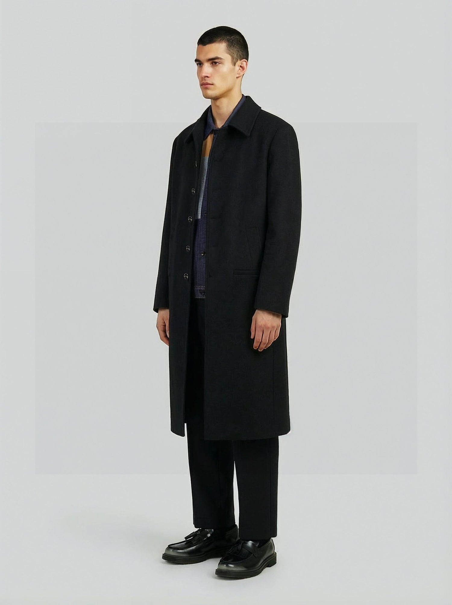 Cappotto lungo in lana nera minimal uomo, Lebrun Paris, Made in France