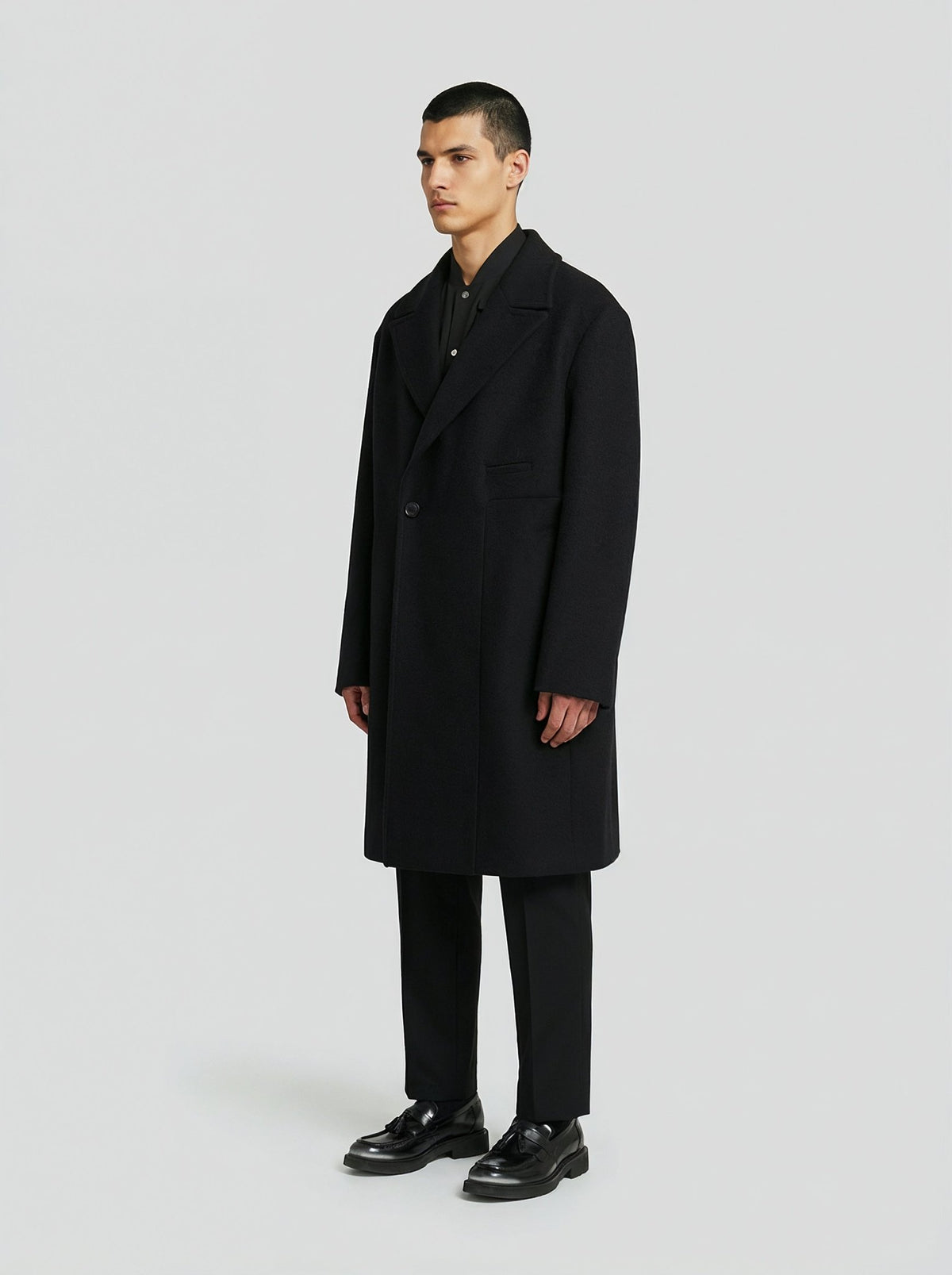 男士黑色羊毛双排扣大衣,Lebrun Paris,Made in France