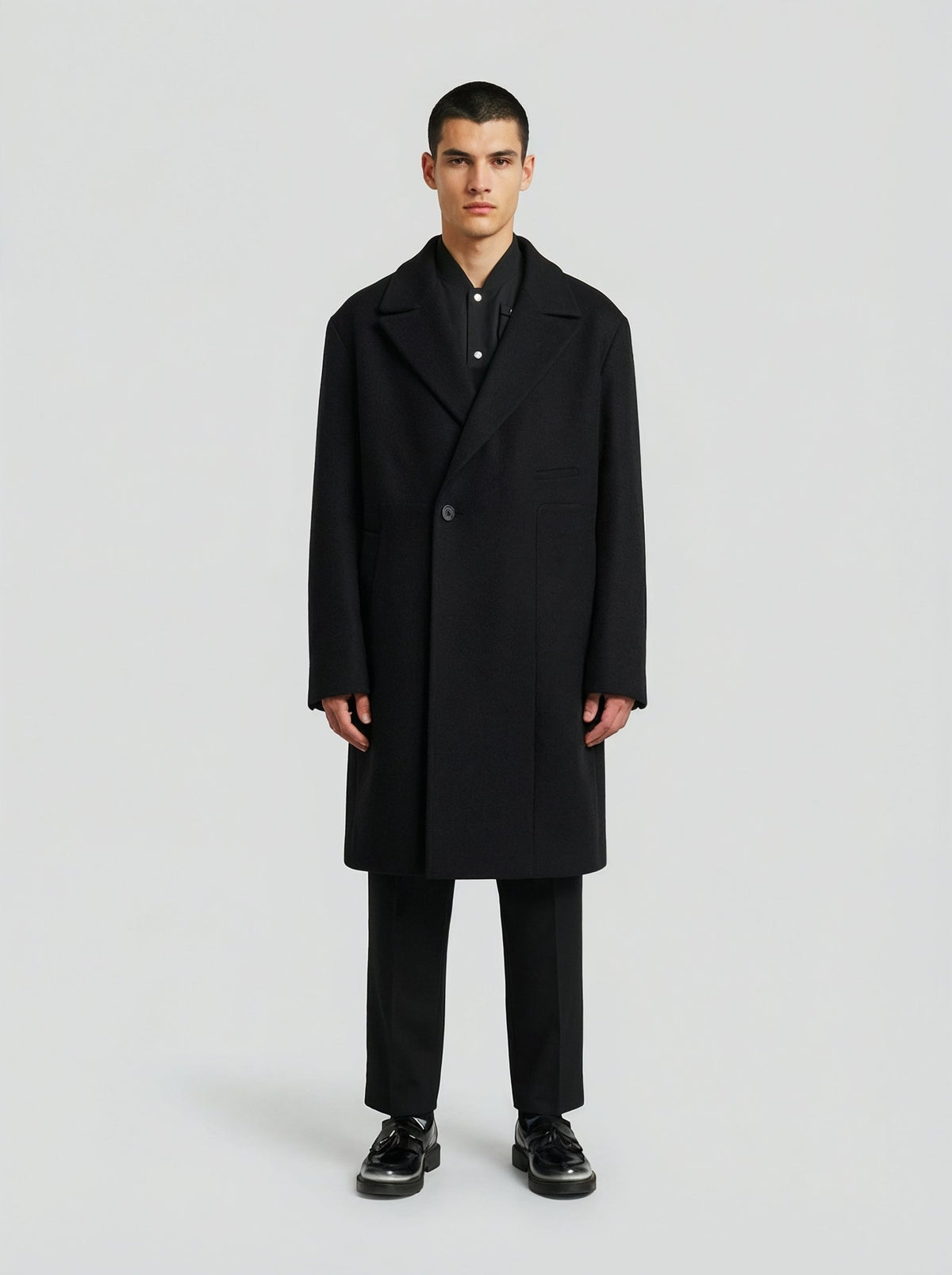 男士黑色羊毛双排扣大衣,Lebrun Paris,Made in France