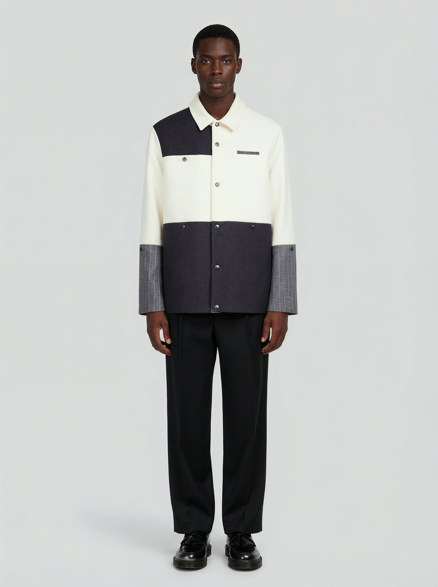 Coach jacket in lana e cashmere bianco e grigio uomo, Lebrun Paris, Made in France