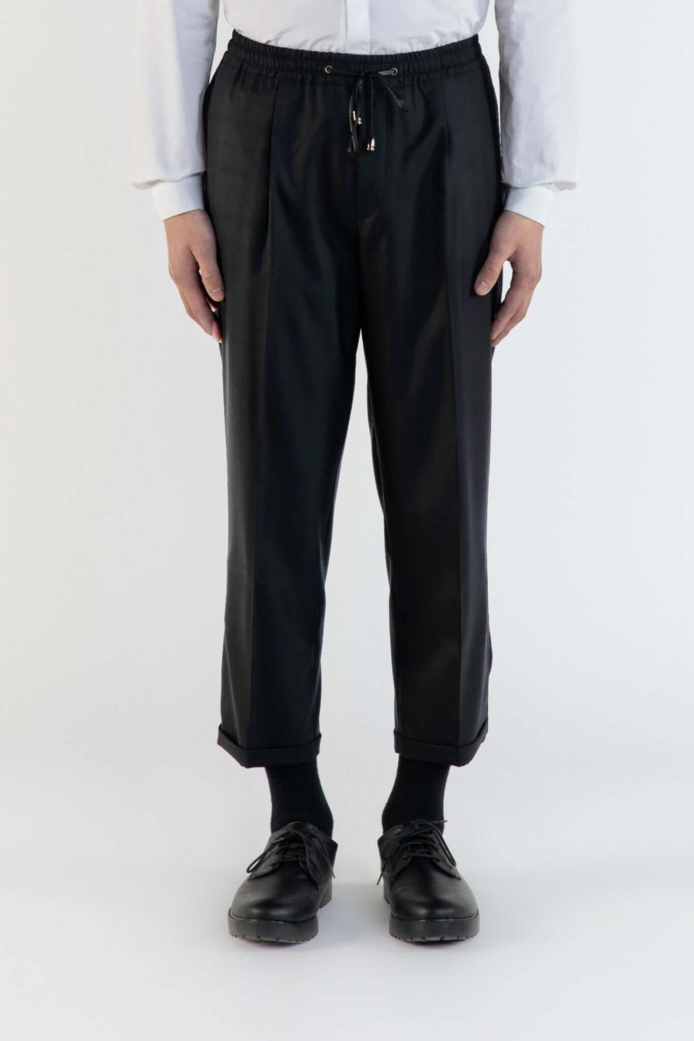 Pantalone in lana nera con pince e cintura elastica uomo, Lebrun Paris, Made in France