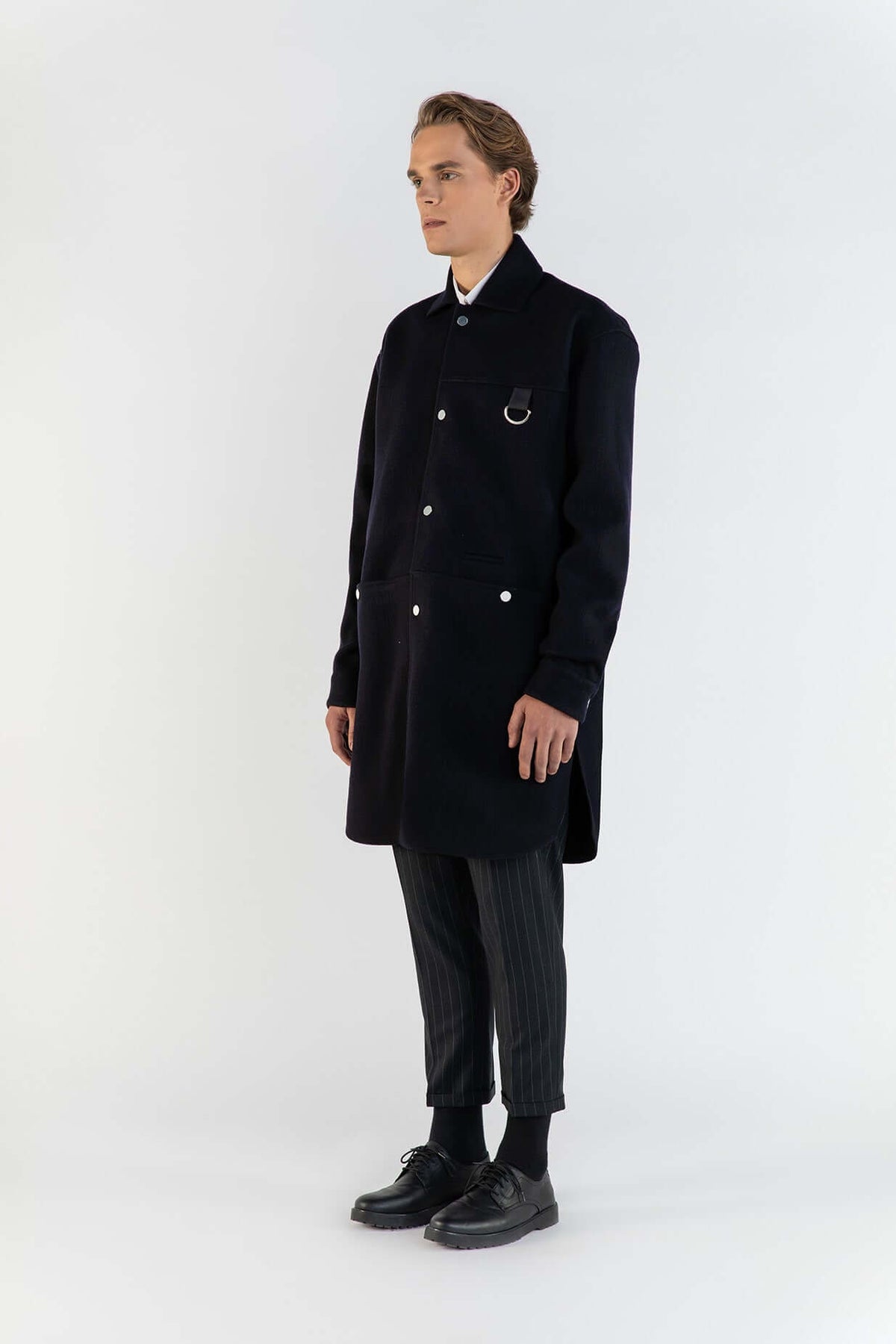 남성용 블루 울 900g 셔츠 코트, Lebrun Paris, Made in France