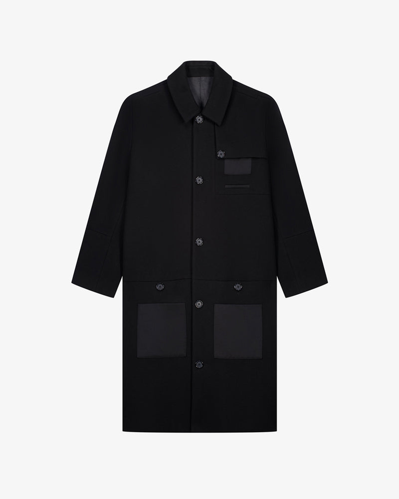 Manteau droit noir en laine et cachemire, packshot face - Lebrun Paris