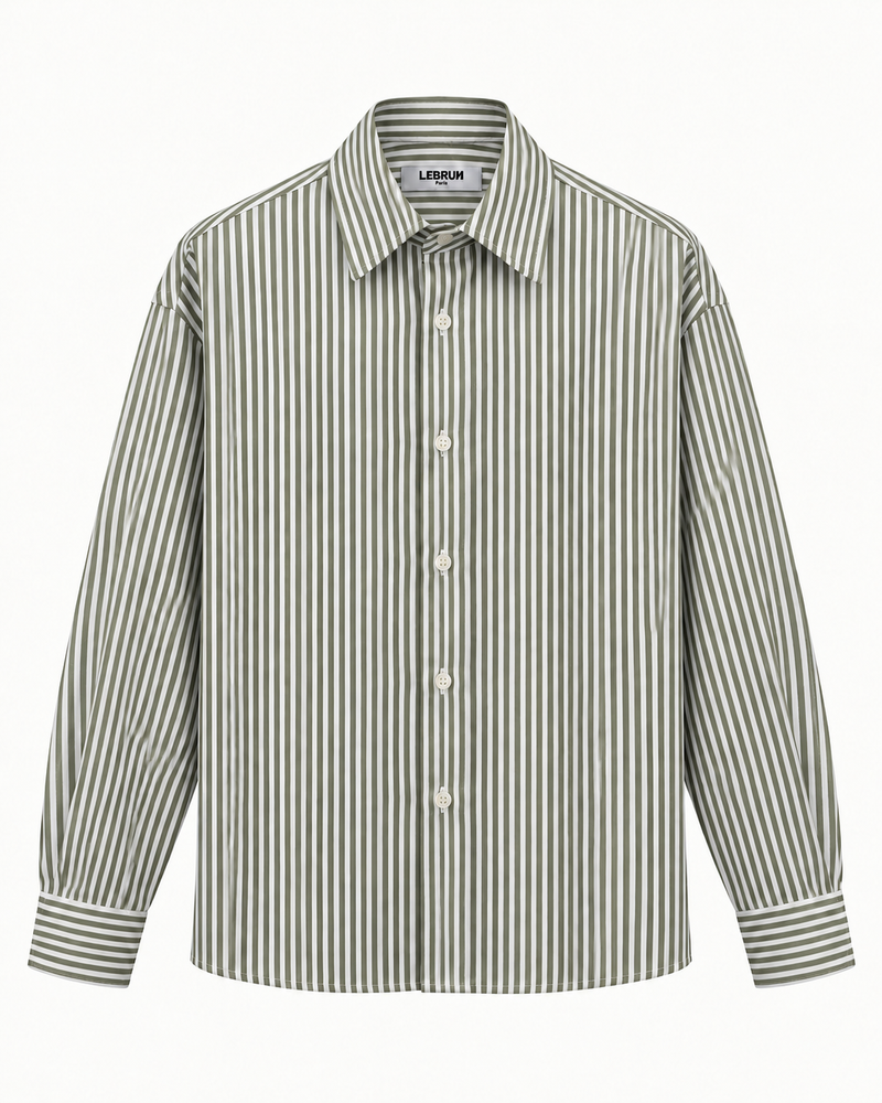 Lebrun Paris White Khaki Stripe Oversize Shirt, Italian 100% cotton poplin, front view