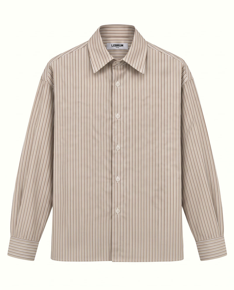 Beige oversized shirt with white and burgundy stripes in cotton poplin, Lebrun Paris
