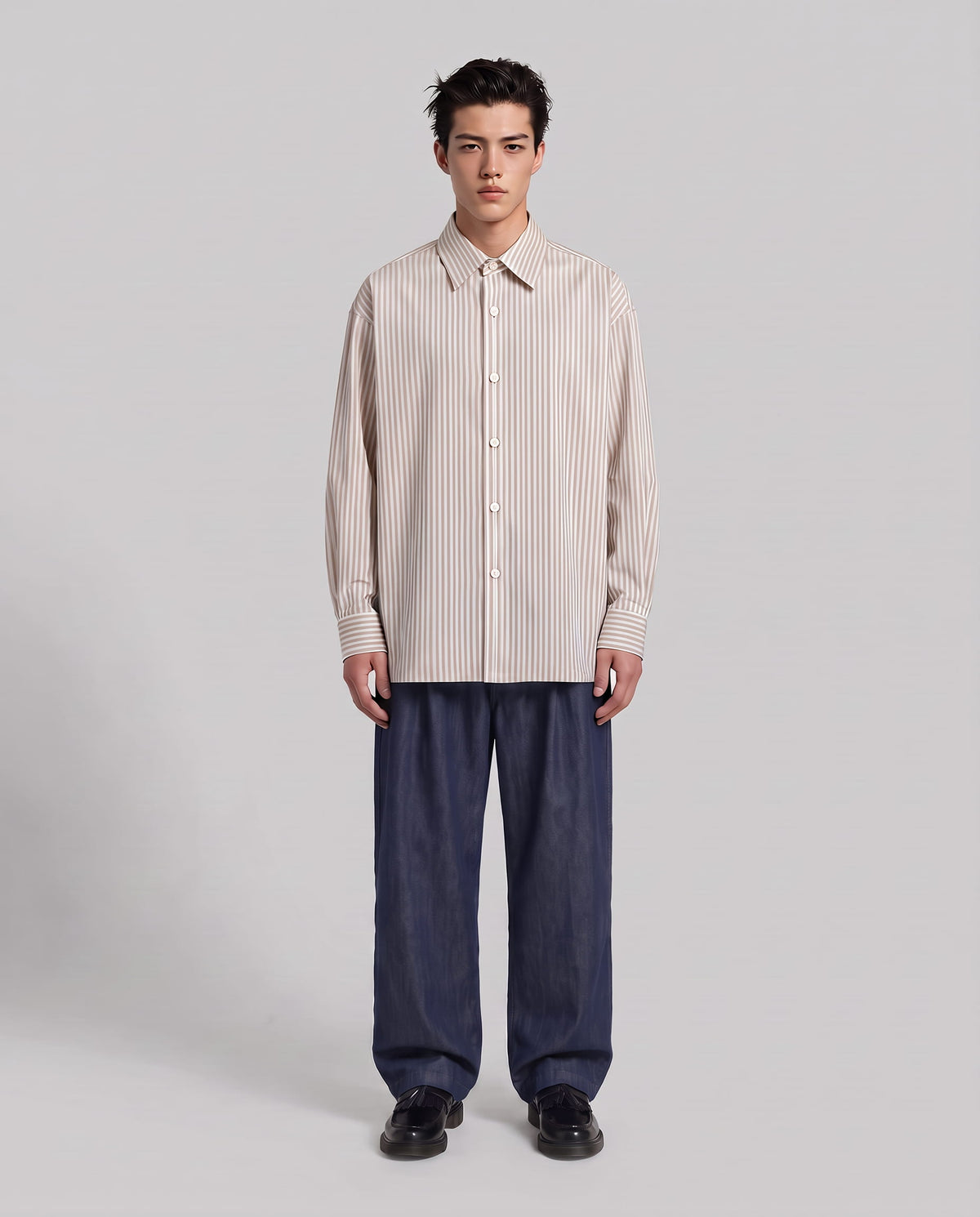 White and beige striped oversized shirt in cotton poplin, worn, Lebrun Paris