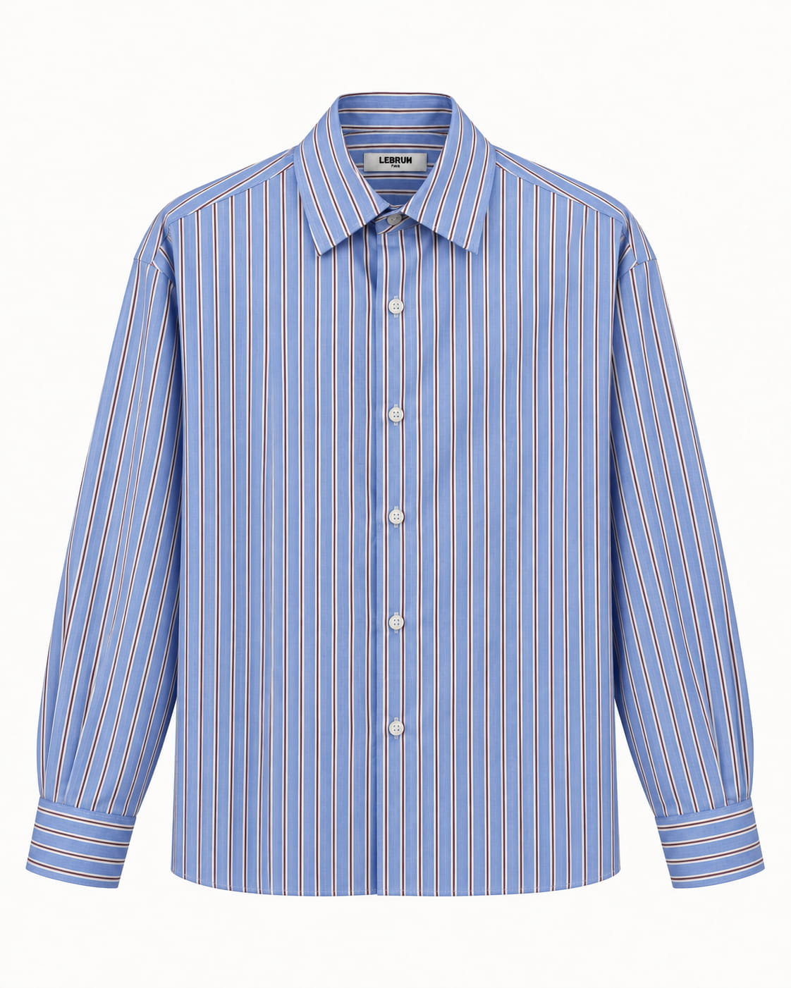 Chemise oversize bleue à rayures bordeaux et blanches Lebrun Paris, vue de face