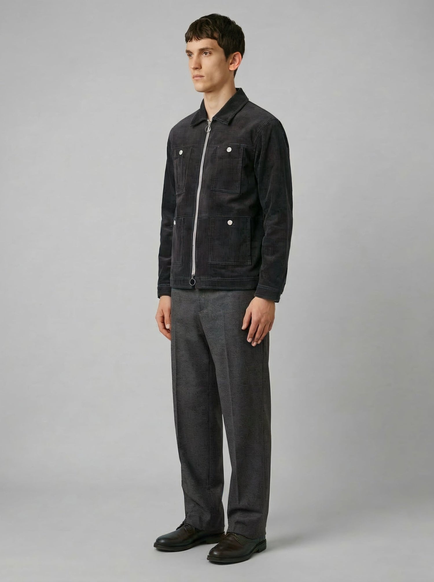 Blouson in velluto a coste grigio antracite con zip uomo, Lebrun Paris, Made in France