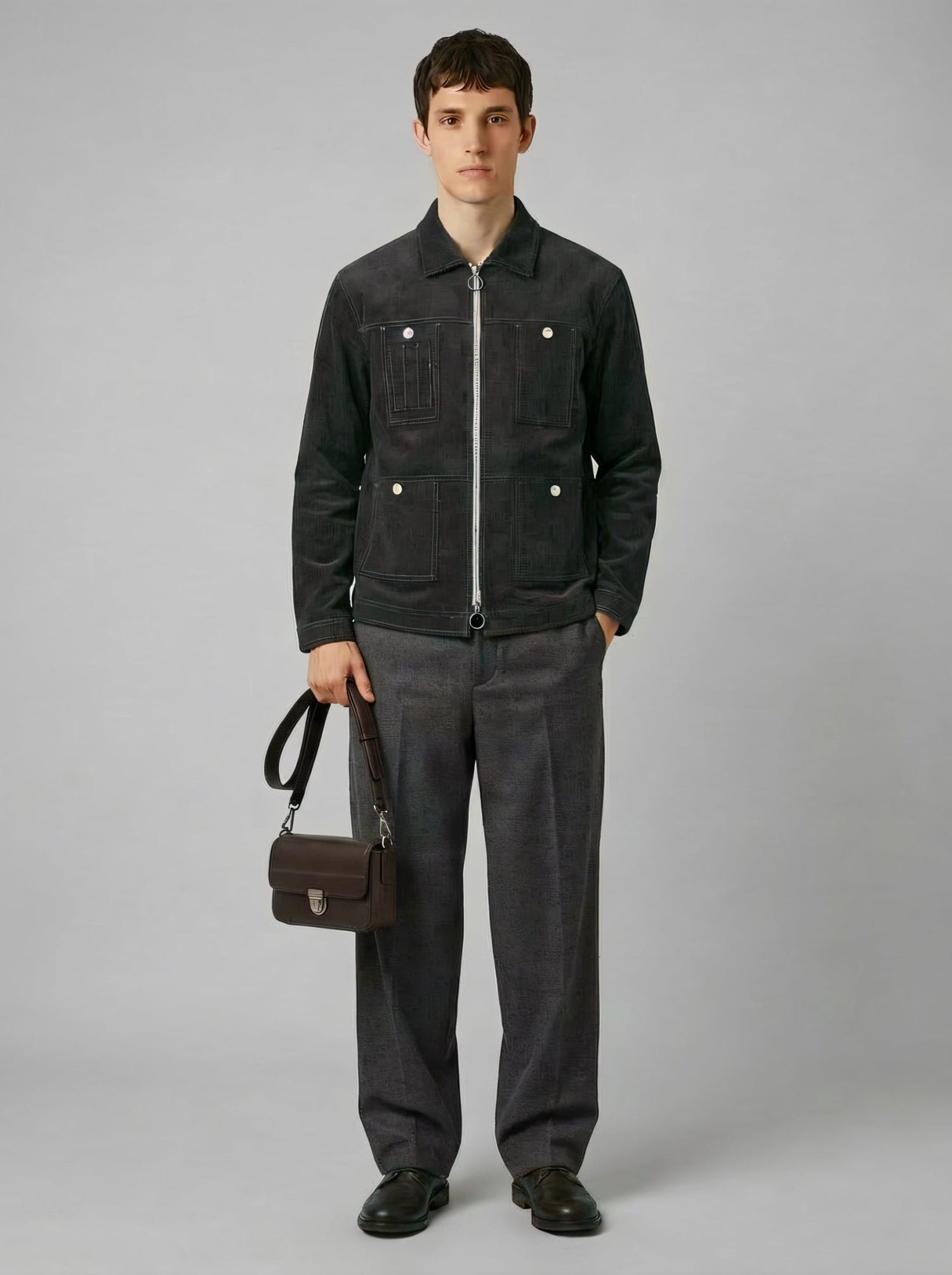 Blouson in velluto a coste grigio antracite con zip uomo, Lebrun Paris, Made in France