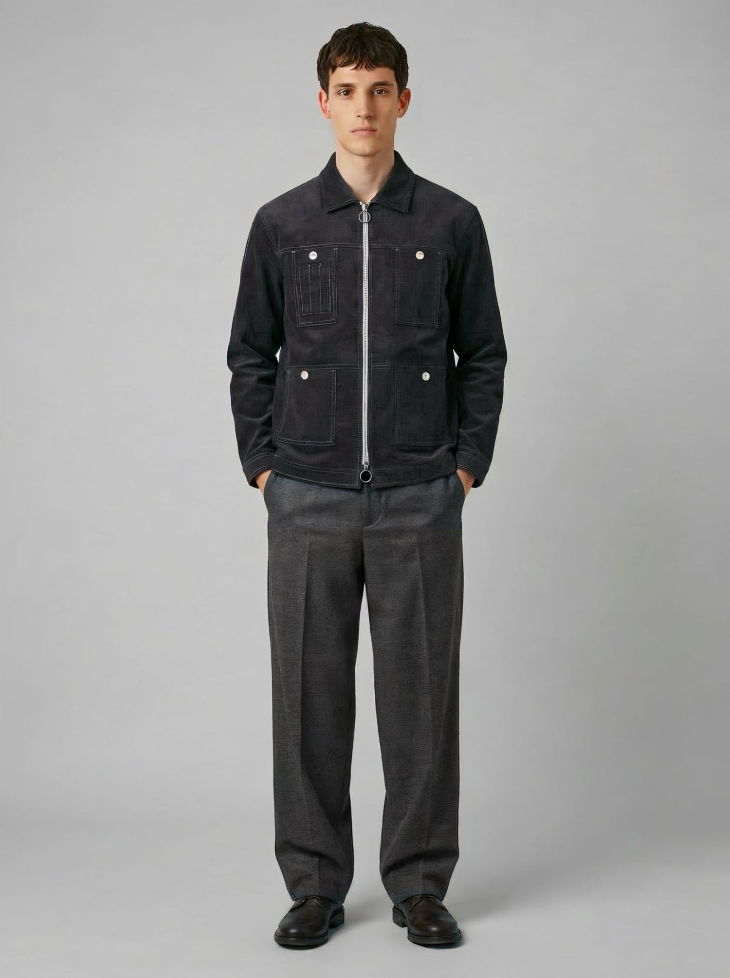 Blouson in velluto a coste grigio antracite con zip uomo, Lebrun Paris, Made in France