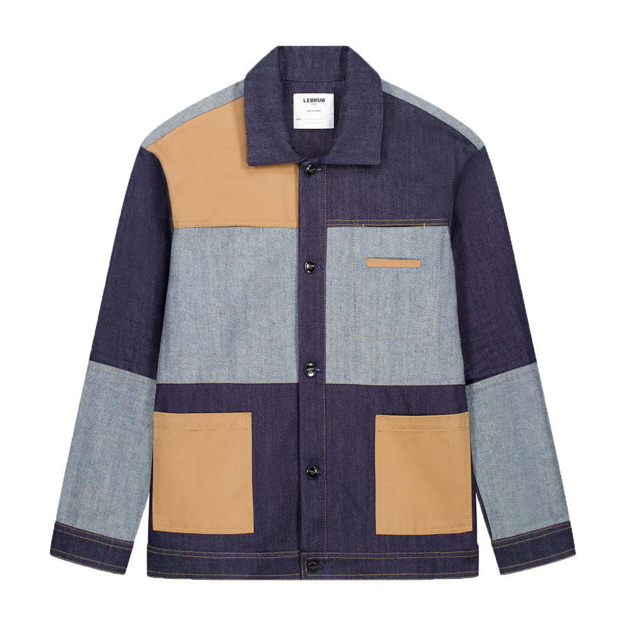 Veste worker patchwork en denim et gabardine, à plat