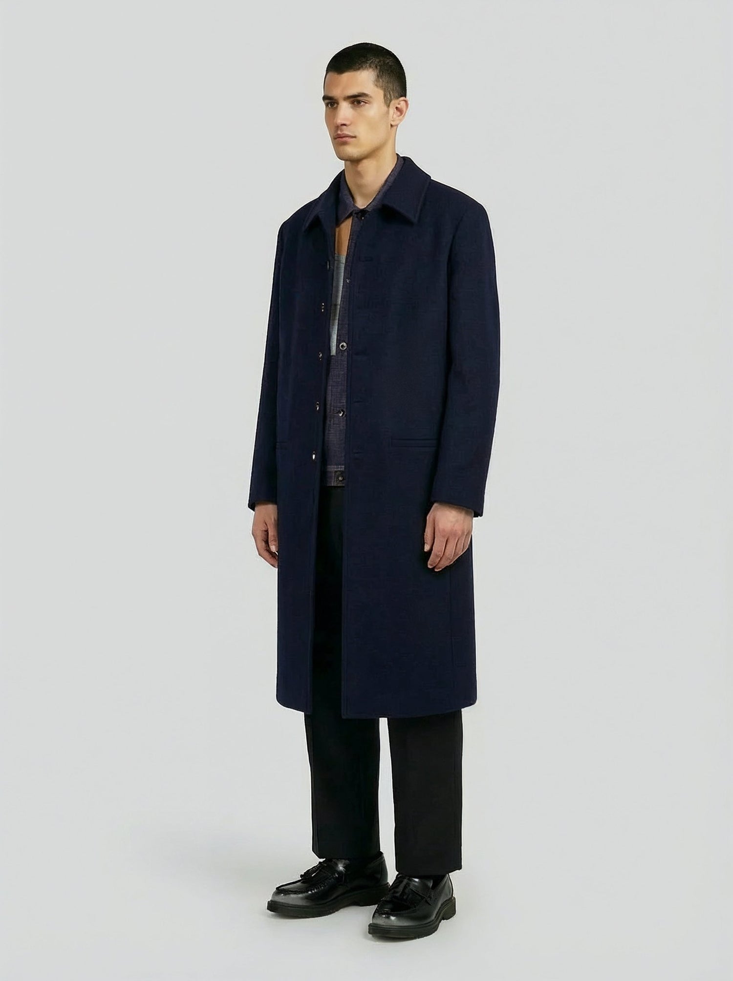 Cappotto lungo in lana blu minimal uomo, Lebrun Paris, Made in France