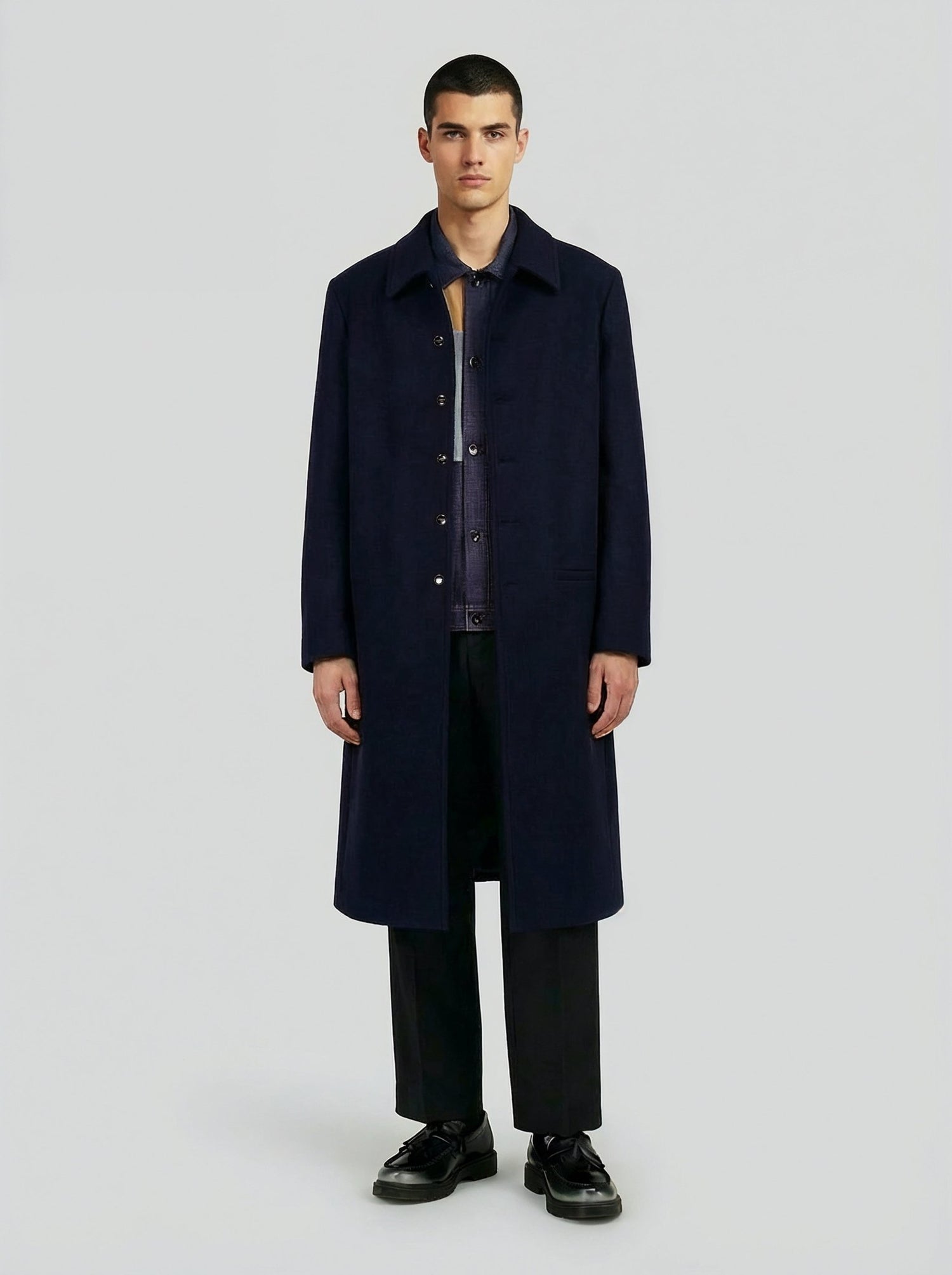 Cappotto lungo in lana blu minimal uomo, Lebrun Paris, Made in France