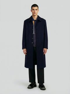 Cappotto lungo in lana blu minimal uomo, Lebrun Paris, Made in France