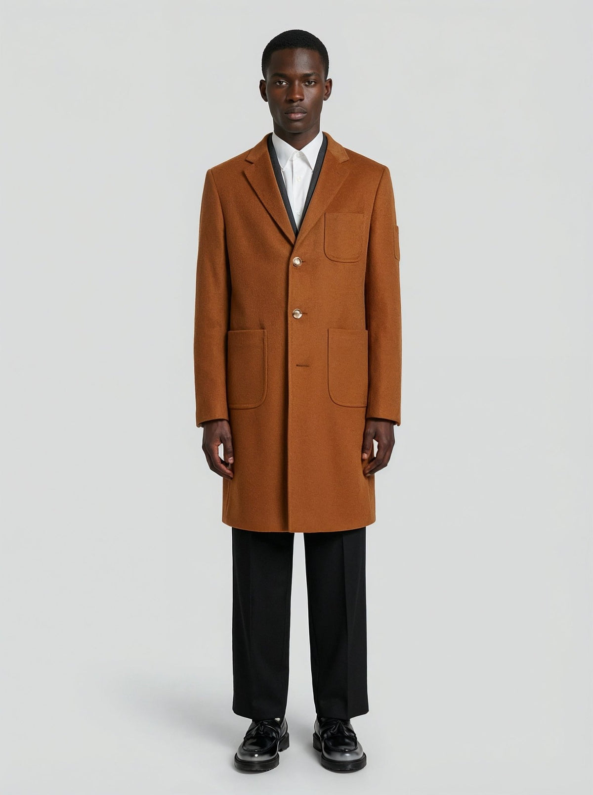 남성용 카멜 울 캐시미어 코트, Lebrun Paris, Made in France