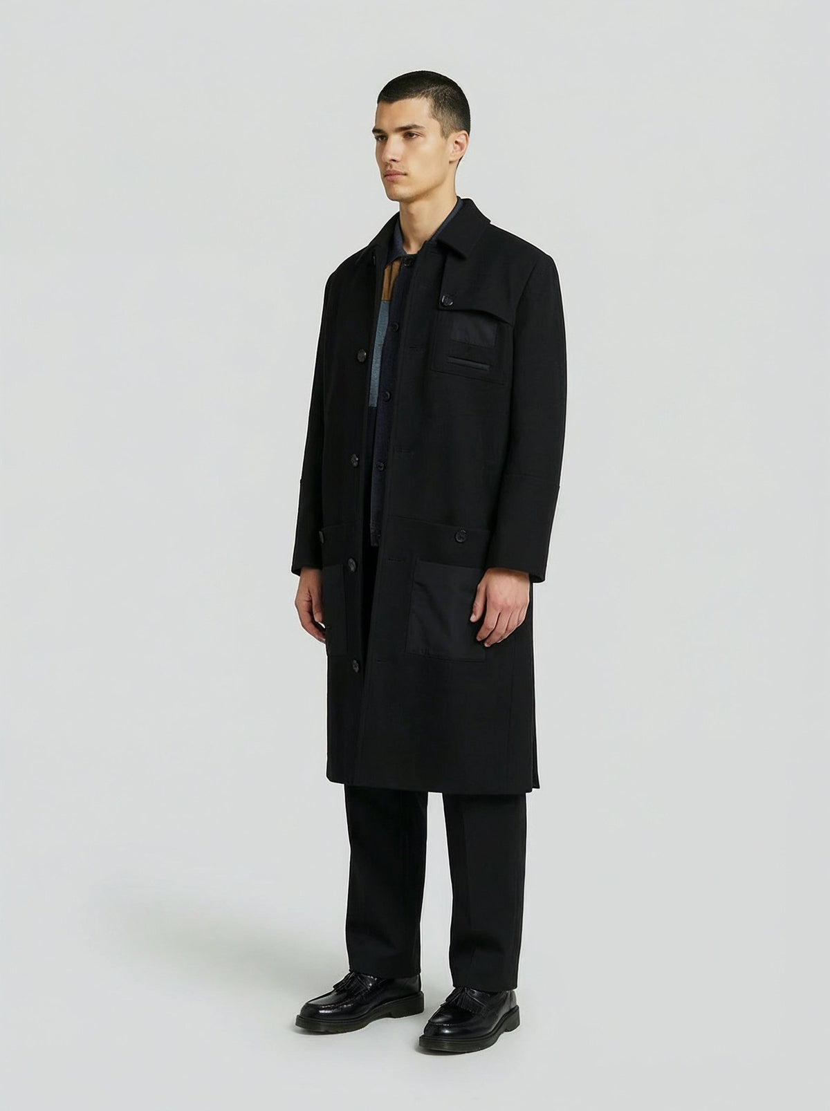 男士黑色羊毛开士米大衣，Lebrun Paris，Made in France
