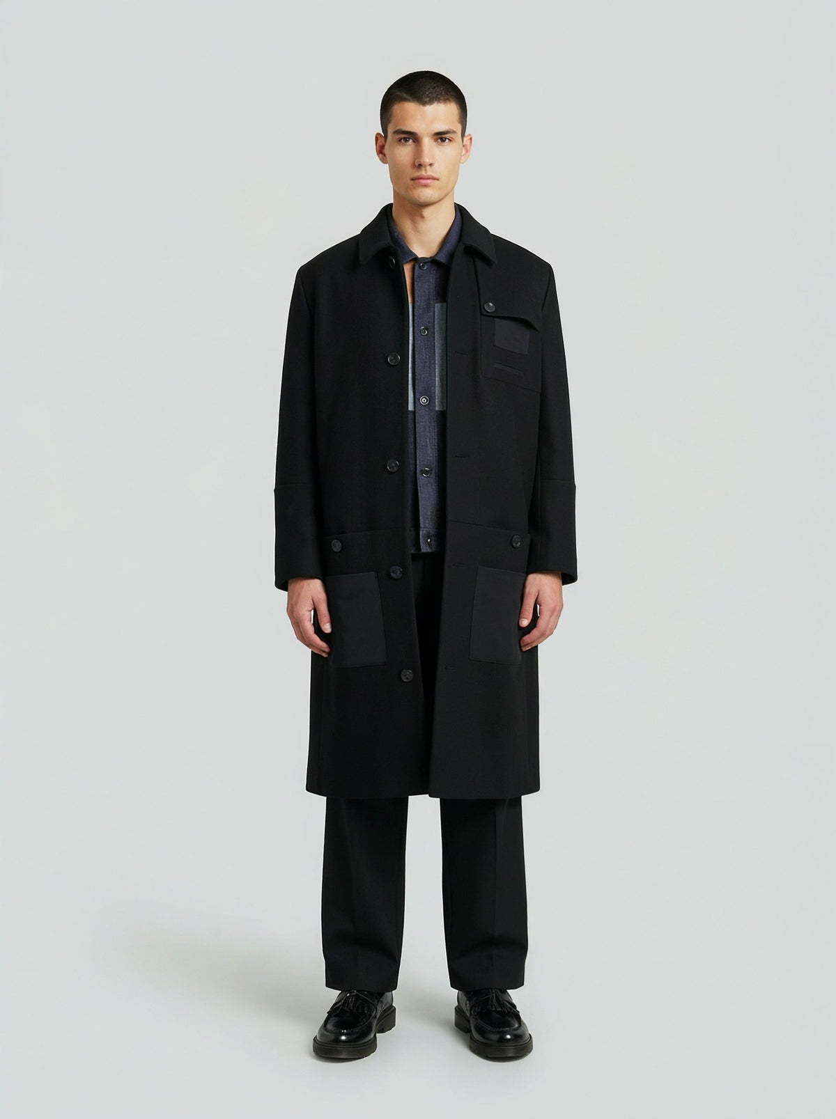 男士黑色羊毛开士米大衣，Lebrun Paris，Made in France