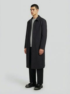 Cappotto lungo in lana grigia minimal uomo, Lebrun Paris, Made in France