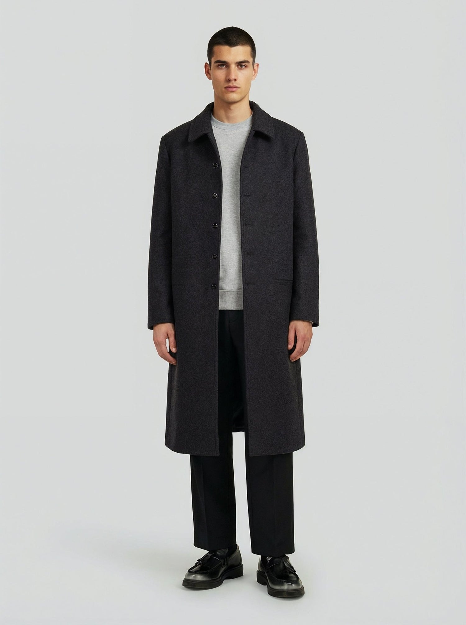 Cappotto lungo in lana grigia minimal uomo, Lebrun Paris, Made in France