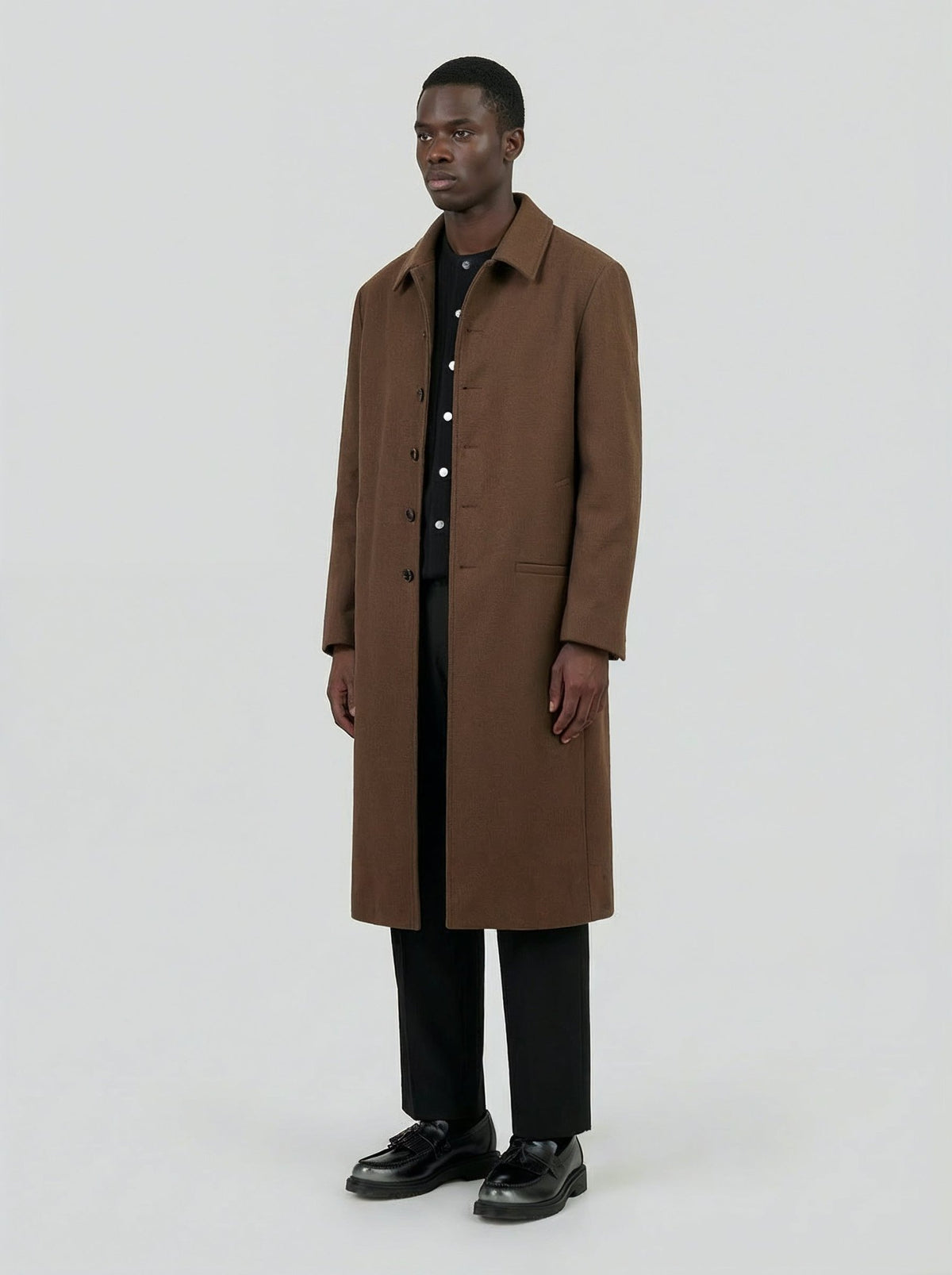 男士棕色羊毛开士米长款大衣，Lebrun Paris，Made in France