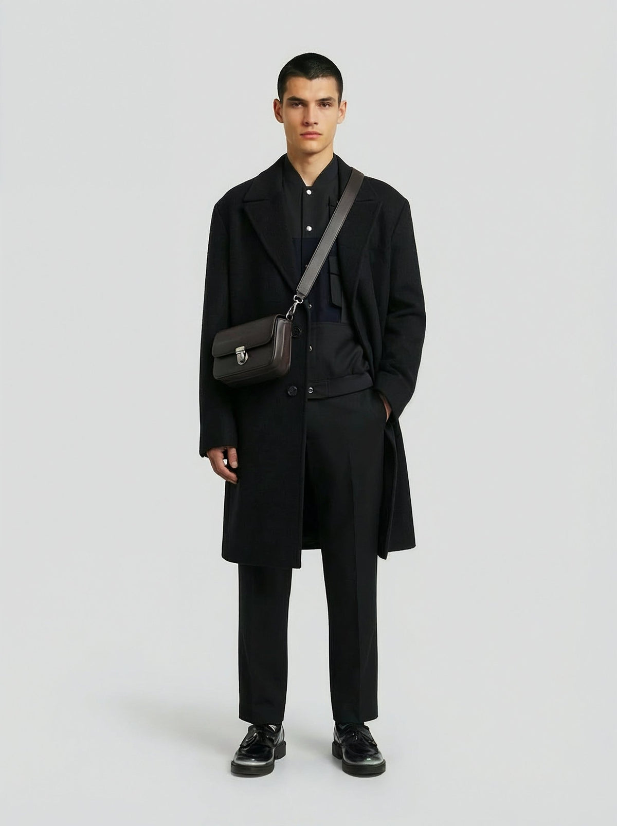 男士黑色羊毛双排扣大衣，Lebrun Paris，Made in France