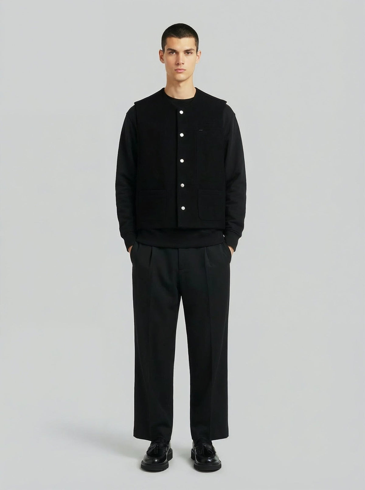 남성용 블랙 울 민소매 조끼, Lebrun Paris, Made in France