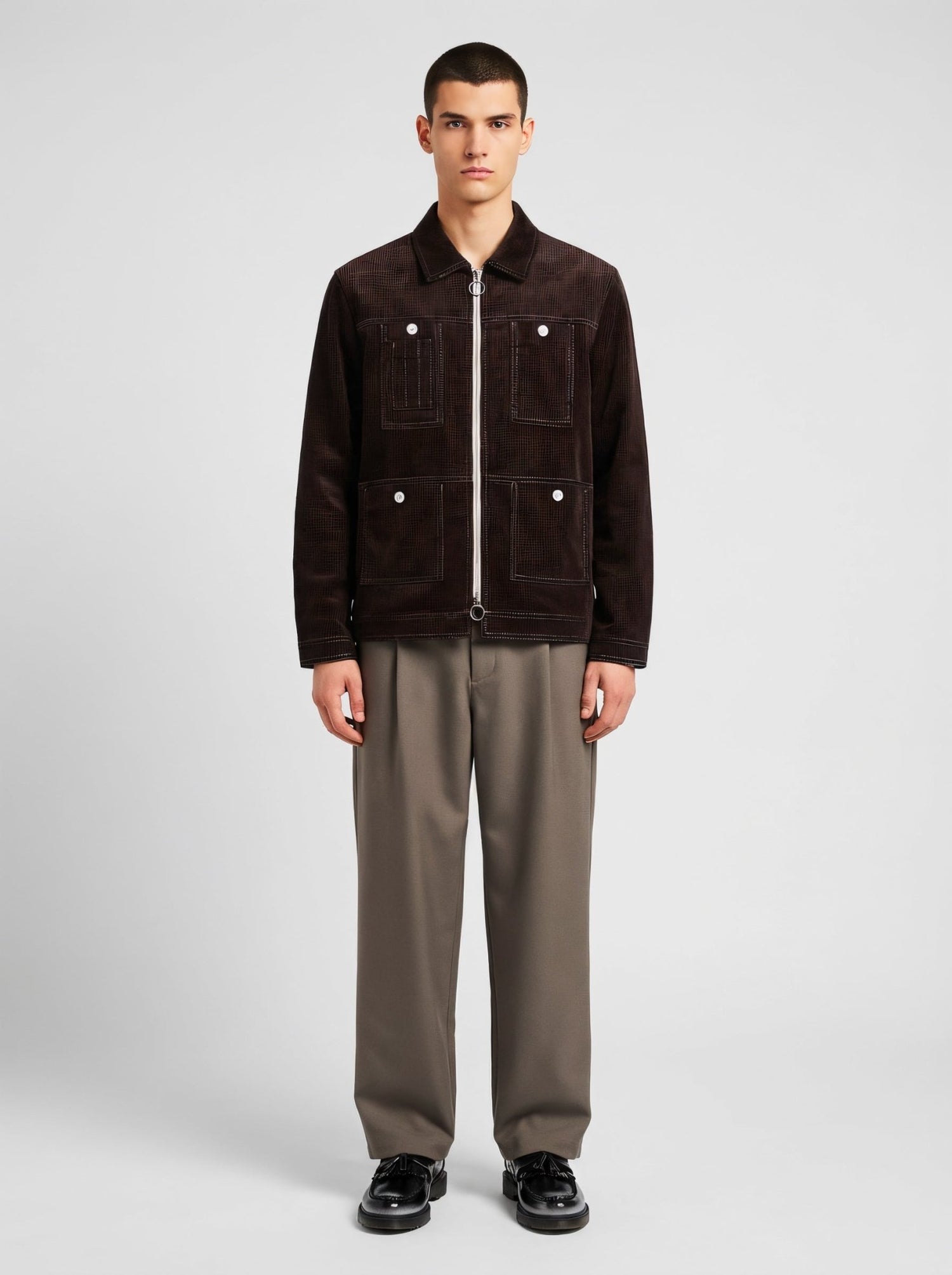 Blouson in velluto a coste marrone con zip uomo, Lebrun Paris, Made in France