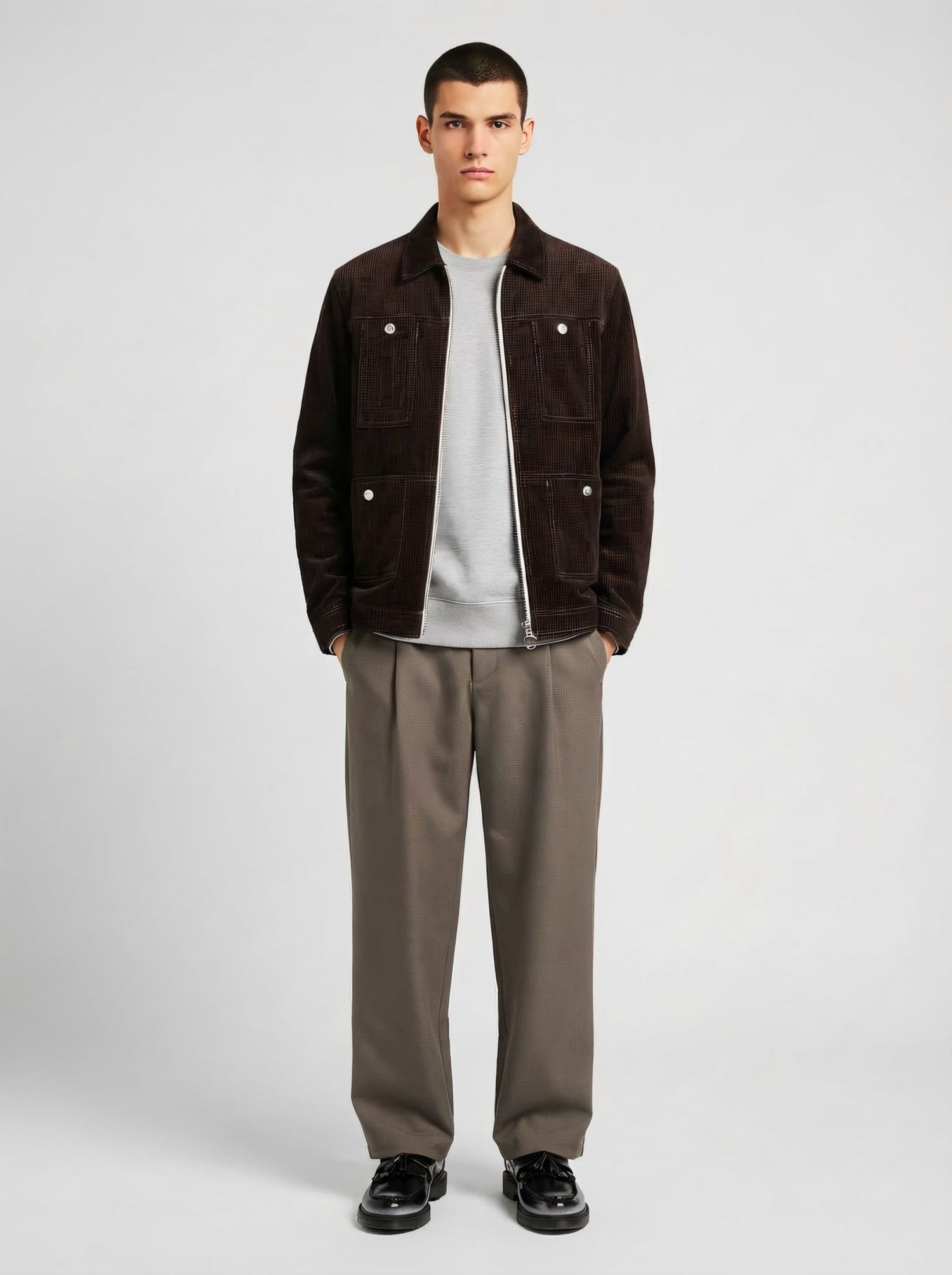 Blouson in velluto a coste marrone con zip uomo, Lebrun Paris, Made in France
