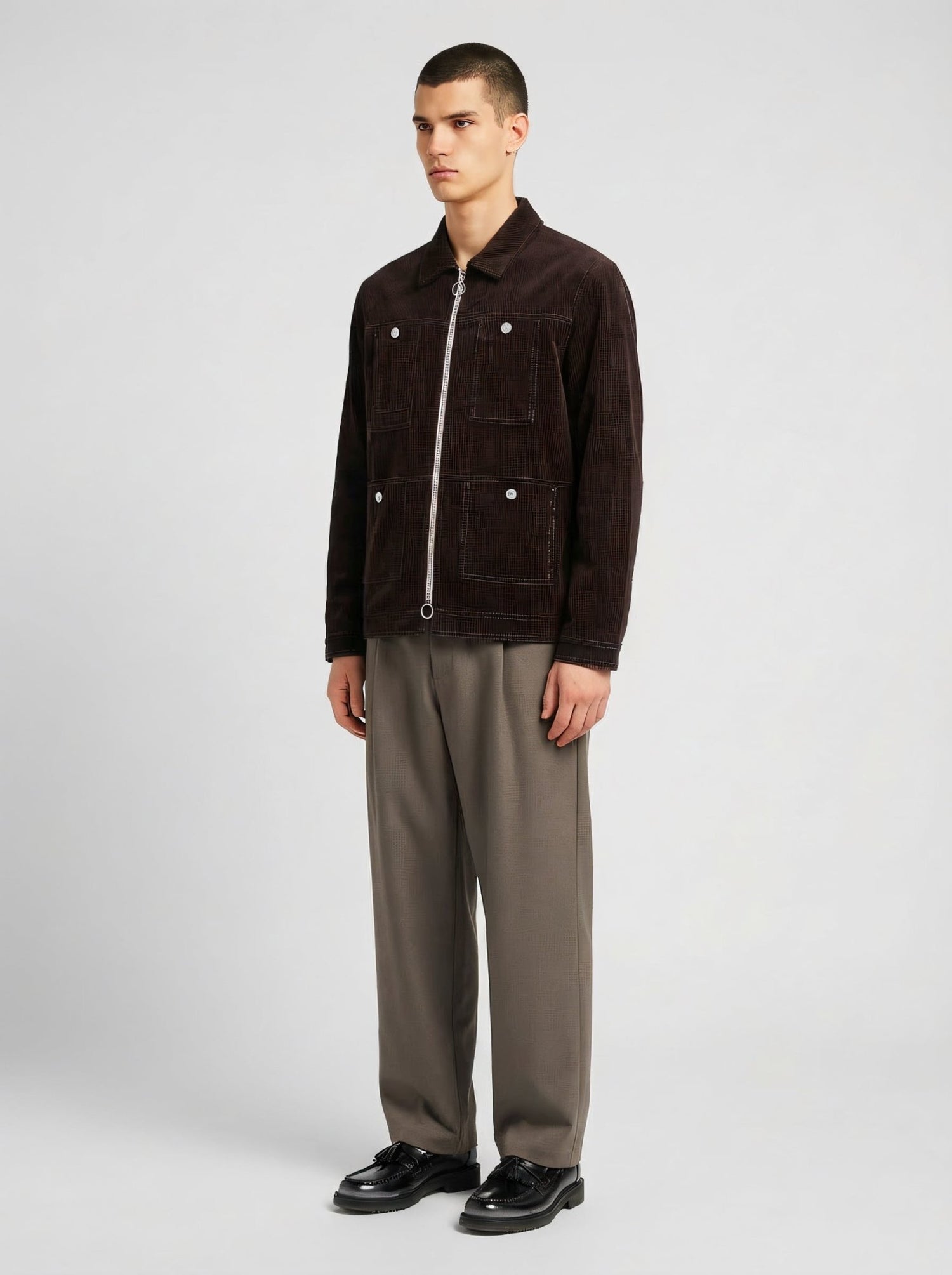 Blouson in velluto a coste marrone con zip uomo, Lebrun Paris, Made in France