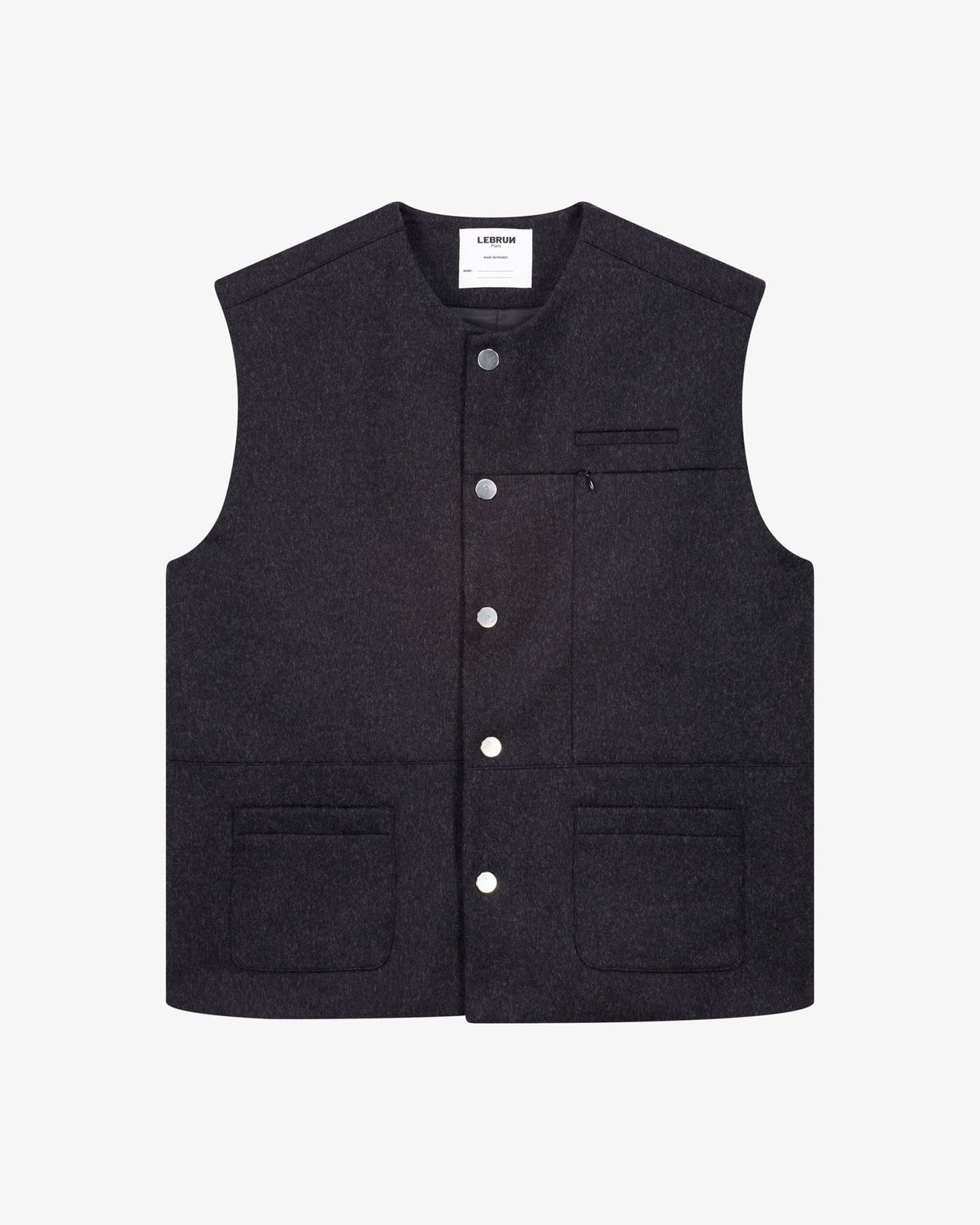メンズアンスラシットグレーウールスリーブレスベスト、Lebrun Paris、Made in France